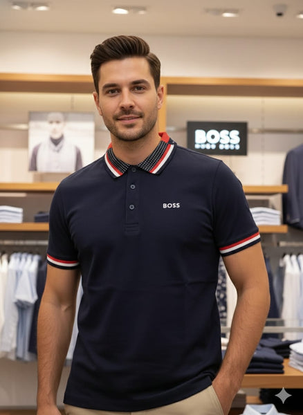 Luxury Brand Signature Navy Polo T-Shirt with Contrast Collar