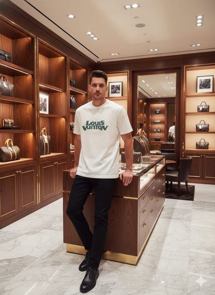White Luxury Logo Print Crew-Neck Drop Shoulder  T-Shirt