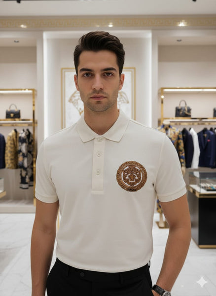 Premium  Embroidered Chain Crest White  Polo Shirt