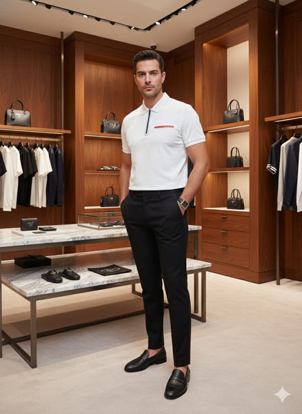 Luxury Brand White Zip Polo T-Shirt Minimal Luxury Style