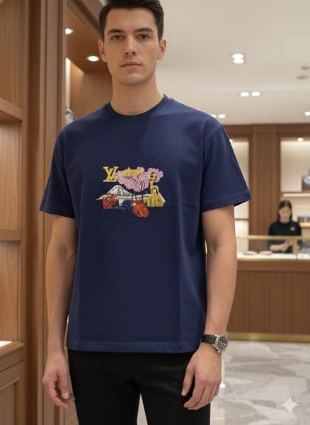 Premium Men’s Navy Blue Graphic Crew Neck T-Shirt