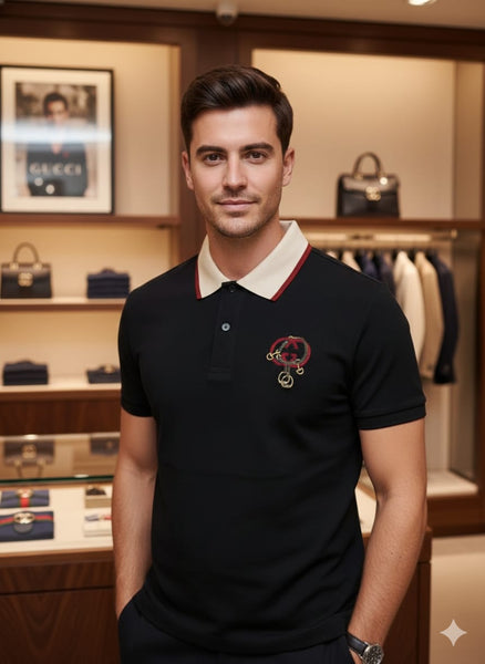 Men’s Black Polo T-Shirt with Contrast Collar & Chest Embroidery