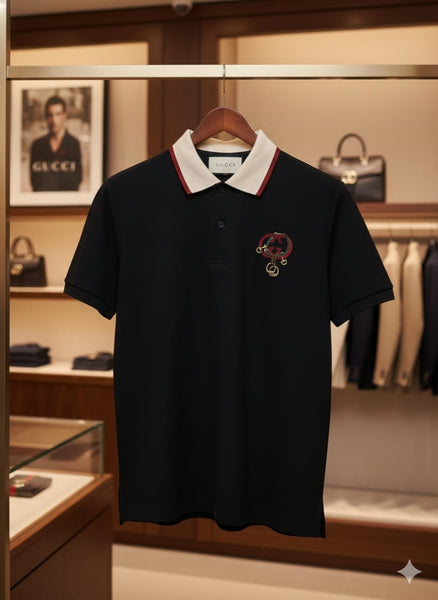 Men’s Black Polo T-Shirt with Contrast Collar & Chest Embroidery