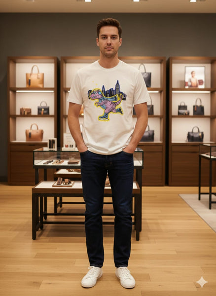 Premium White Graphic T-Shirt with Playful Dino City Print