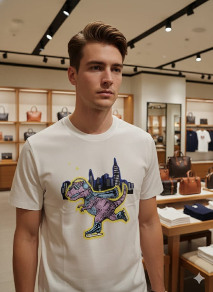 Premium White Graphic T-Shirt with Playful Dino City Print