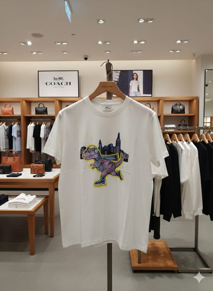 Premium White Graphic T-Shirt with Playful Dino City Print