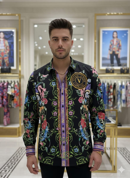 Luxury Black Designer Shirt with Ornate Floral Print