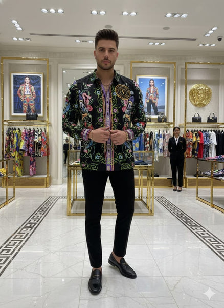 Luxury Black Designer Shirt with Ornate Floral Print