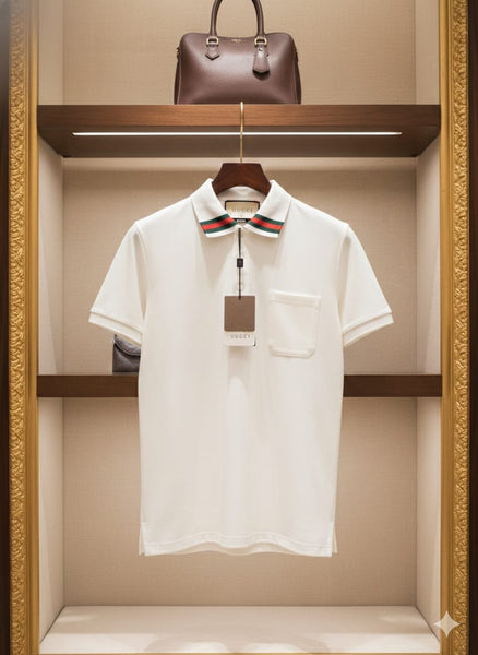 Premium Classic White Designer Polo T-Shirt with Signature Stripe Collar