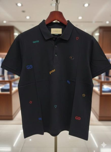 Premium Black Designer Polo T-Shirt with All-Over Logo Detail