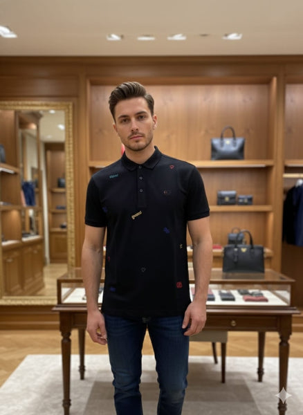 Premium Black Designer Polo T-Shirt with All-Over Logo Detail