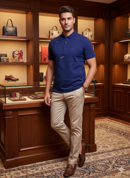 Premium Royal Blue Designer Polo T-Shirt with All-Over Logo Print