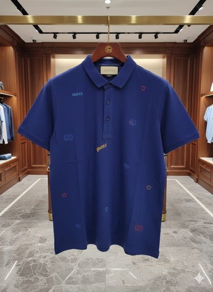 Premium Royal Blue Designer Polo T-Shirt with All-Over Logo Print