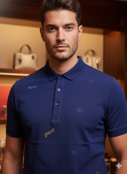 Premium Royal Blue Designer Polo T-Shirt with All-Over Logo Print