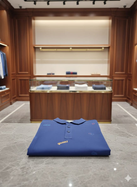 Premium Royal Blue Designer Polo T-Shirt with All-Over Logo Print