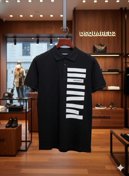 Luxury Black Polo T-Shirt with Bold Stripe Graphic Design