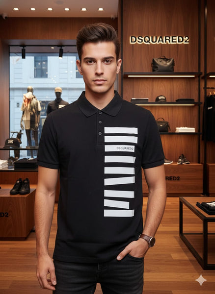 Luxury Black Polo T-Shirt with Bold Stripe Graphic Design