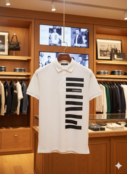 White Polo T-Shirt with Bold Vertical Stripe Print