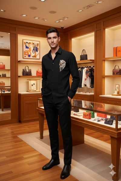 Luxury Black Embroidered Horse Motif Formal Shirt