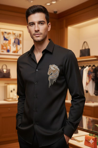 Luxury Black Embroidered Horse Motif Formal Shirt