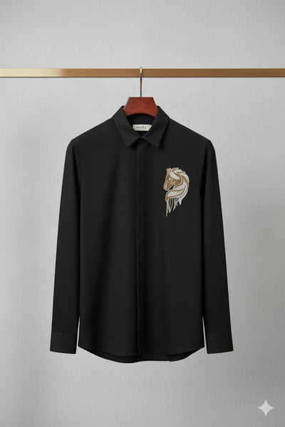 Luxury Black Embroidered Horse Motif Formal Shirt
