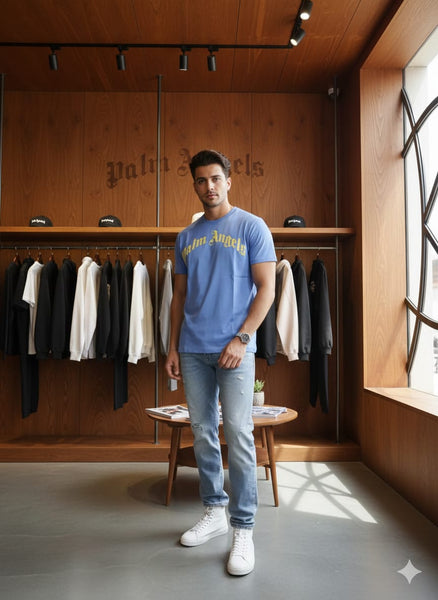 Luxury Imported Sky Blue Brand Logo T-Shirt  Classic Streetwear Style