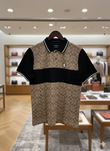 Brand Signature Print Polo T-Shirt Beige & Black Classic Fit