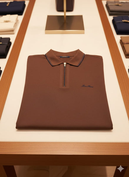 Premium Branded Brown Zip-Neck Polo T-Shirt