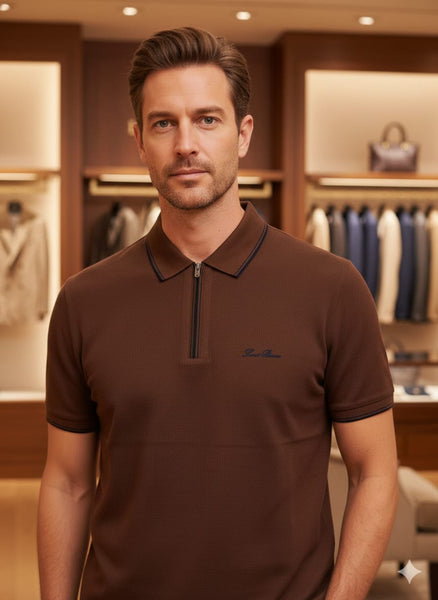 Premium Branded Brown Zip-Neck Polo T-Shirt