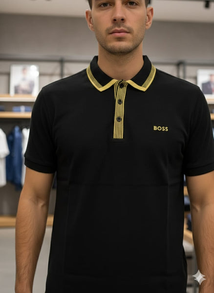 Men’s Premium Black Polo T-Shirt with Gold Trim Detailing