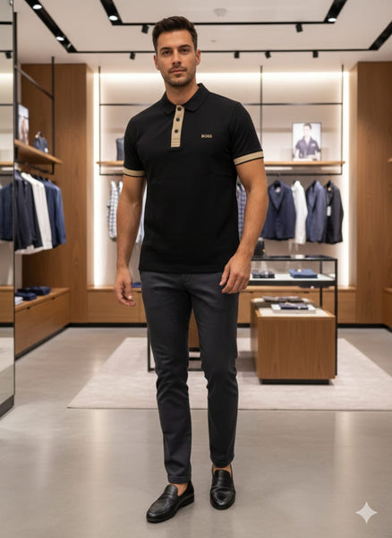 Premium Black Polo T-Shirt with Contrast Placket  Luxury Smart Casual Look