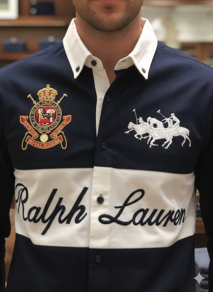 Men’s Navy Colorblock Casual Shirt Embroidered Logo Premium Long Sleeve Style