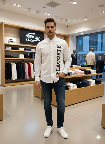 Classic White Button-Down Shirt with Bold Vertical Logo Print