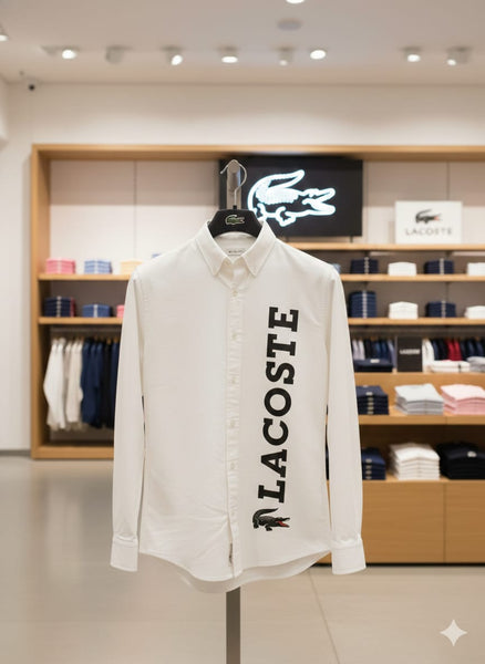 Classic White Button-Down Shirt with Bold Vertical Logo Print