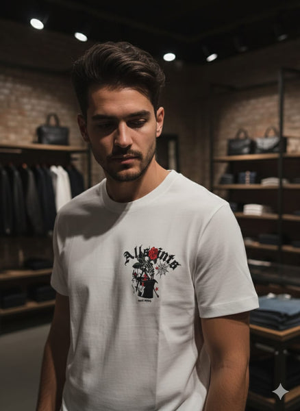 Men’s White Graphic Printed T-Shirt  Casual Trendy Comfort