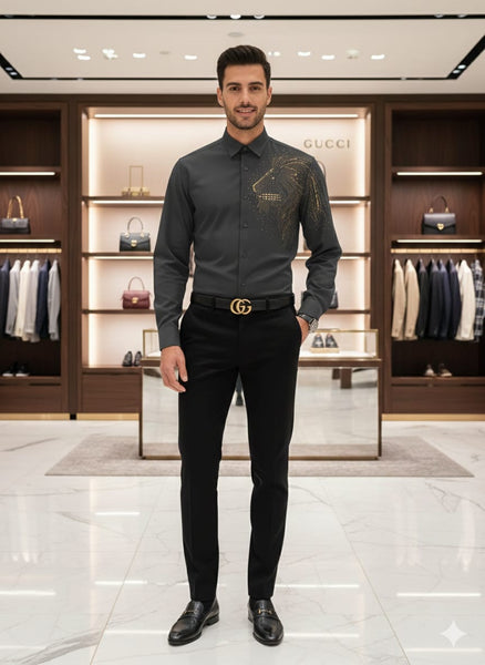 Luxury Black Designer Shirt with Gold Lion Artwork  Premium Fashion Style