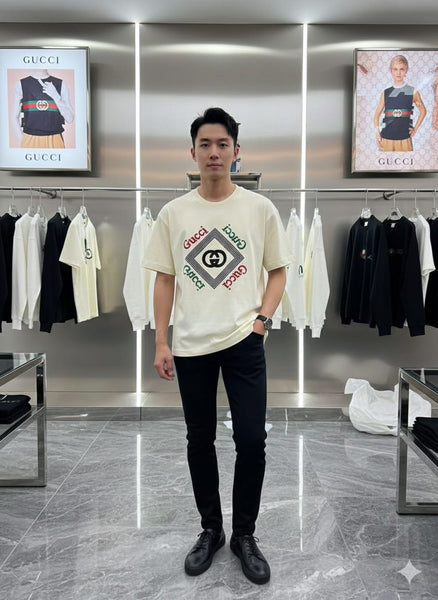 Luxury Cream Logo Print Drop Shoulder T-Shirt Premium Designer Style