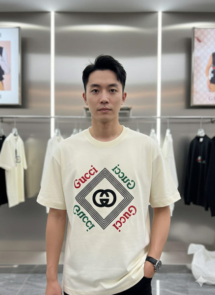 Luxury Cream Logo Print Drop Shoulder T-Shirt Premium Designer Style