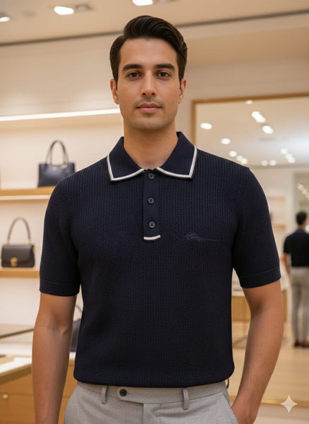 Elegant Textured Knit Polo Shirt  Premium Short Sleeve Style
