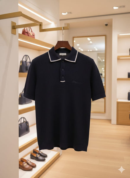 Elegant Textured Knit Polo Shirt  Premium Short Sleeve Style