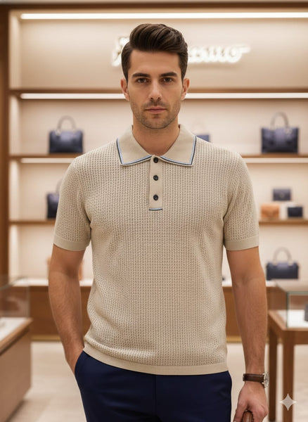 Classic Knit Polo Beige Textured Short Sleeve T-Shirt