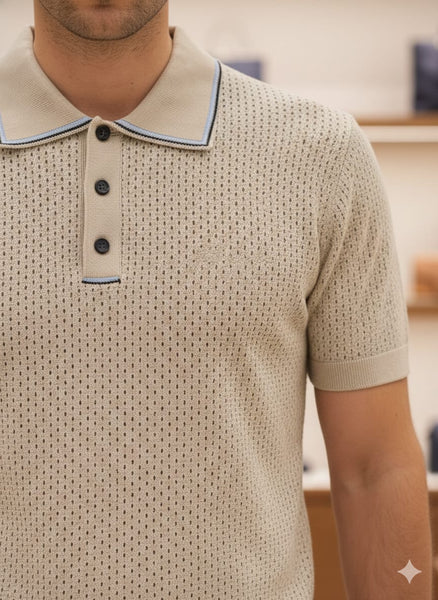 Classic Knit Polo Beige Textured Short Sleeve T-Shirt