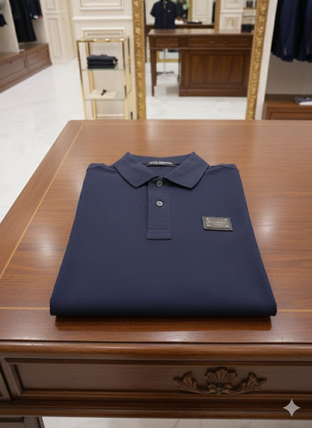 Premium Navy Blue Logo Plaque Polo Shirt Elegant Signature Edition