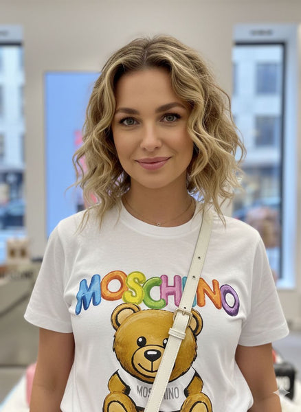 Women’s White Graphic T-Shirt with Colorful Teddy Print