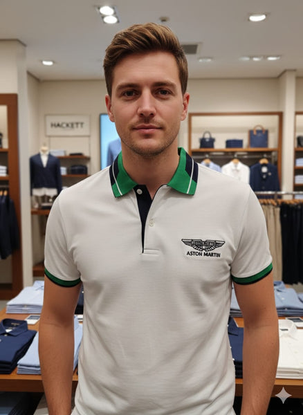 Premium White Polo Shirt with Green Contrast Collar