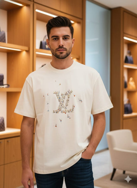 Men’s Imported Cream Artistic Design  Drop  Shoulder  T-Shirt
