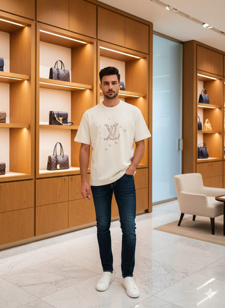 Men’s Imported Cream Artistic Design  Drop  Shoulder  T-Shirt