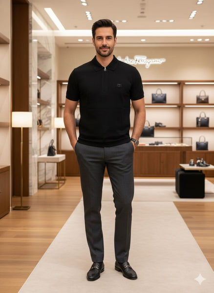 Luxury Black Zip-Neck Polo T-Shirt – Sleek & Modern Style