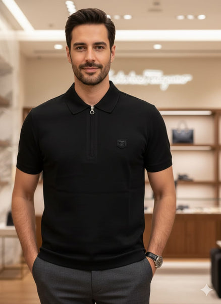Luxury Black Zip-Neck Polo T-Shirt – Sleek & Modern Style