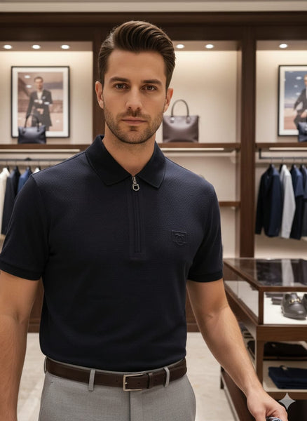 Men’s Premium Navy Zip-Neck Polo T-Shirt Smart & Modern Fit